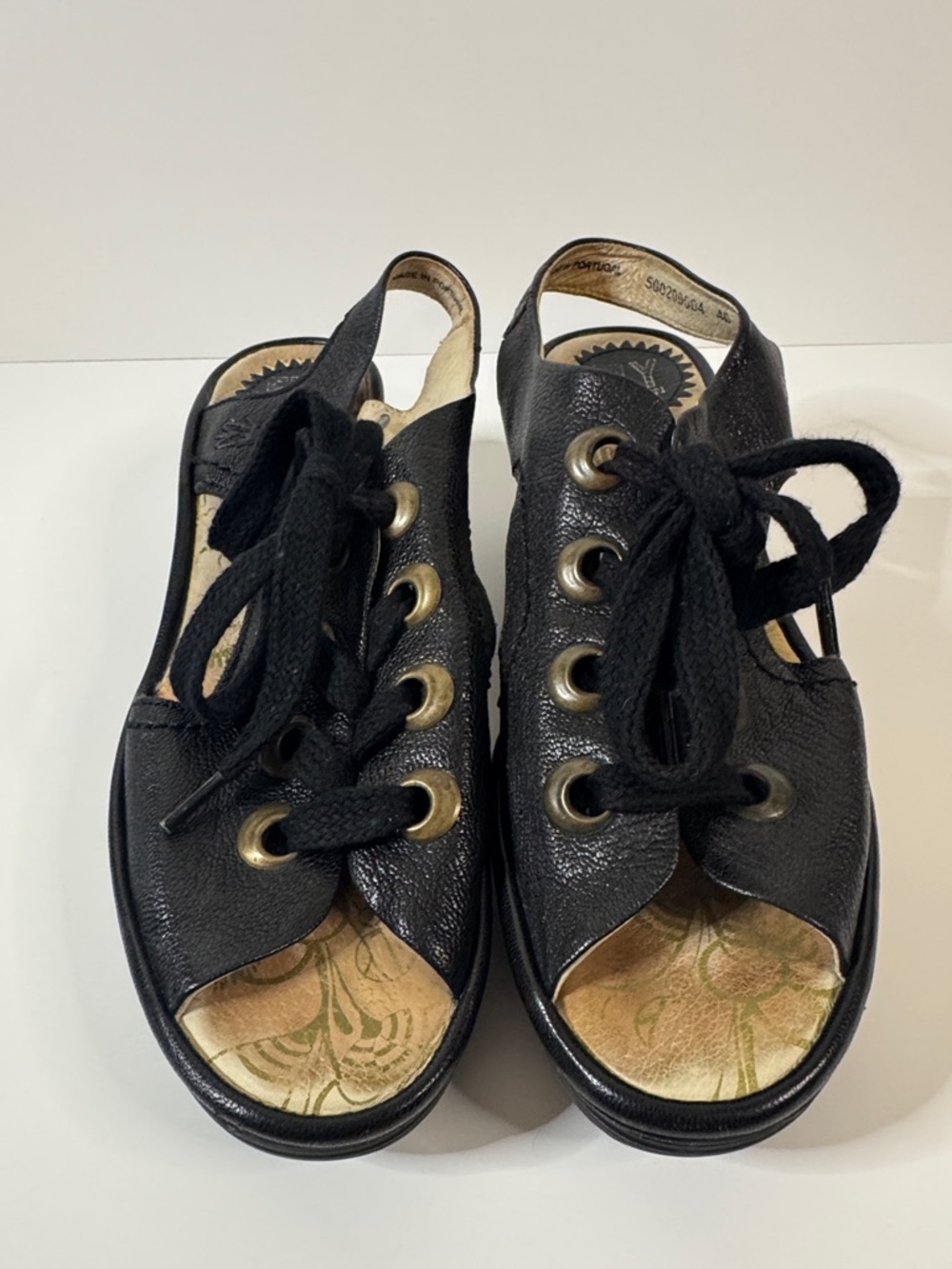 Fly London Ylfa Lace Up Black Wedge Lace up Peep Toe Heeled Sandals size 40